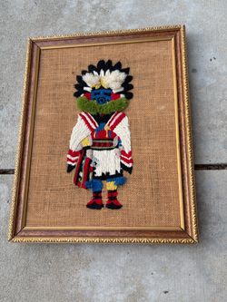 Vintage 1970s Talavi Morning Kachina Crewel Embroidery Framed Wall Art