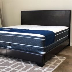 Brand New Black King Size Leather Bed Frame With New 12.5 Inch PillowTop Mattress