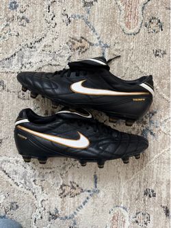 Nike Tiempo Men's Black Leather Soccer Cleats with White & Gold Accents Size 11