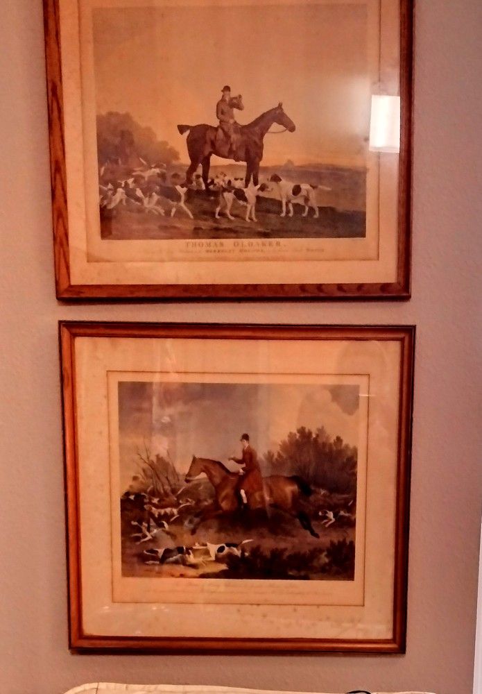 2 colored, framed equestrian illustration antique prints