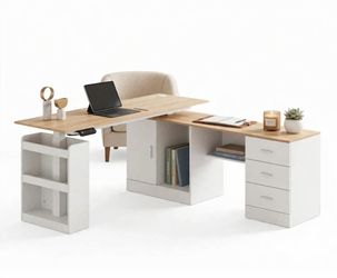 63 in. W L- Shaped White Wood Adjustable Height Computer Desk Ergonomic Writing Desk Memory Preset Controller   Model # KF150213-12  L-5758