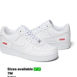 Supreme White Air Force 1 sizes 7M, 7.5, 8, 9.5, 10, 10.5, 11.