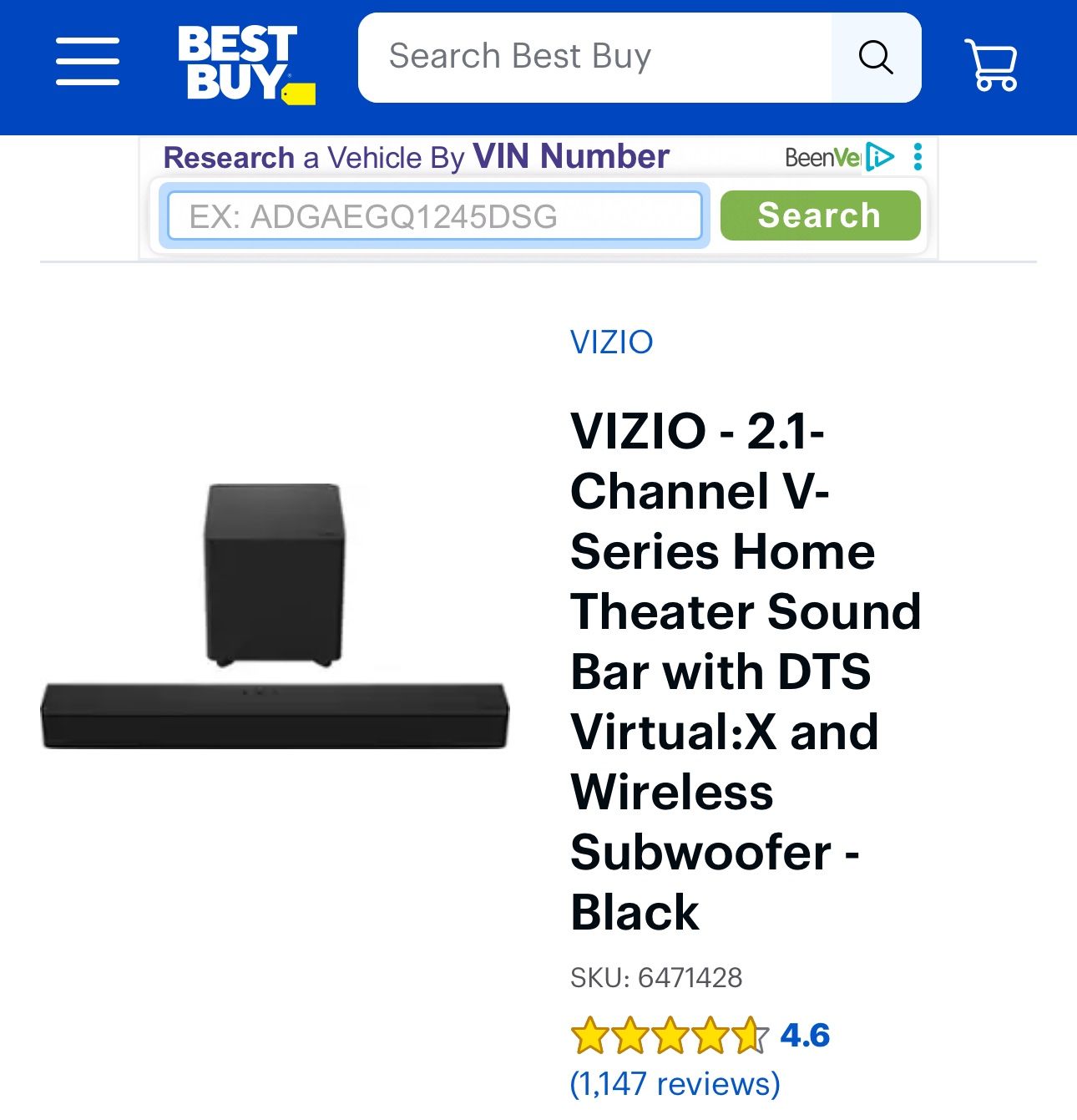 Vizio 2.1 Channel V-Series Soundbar and Sub