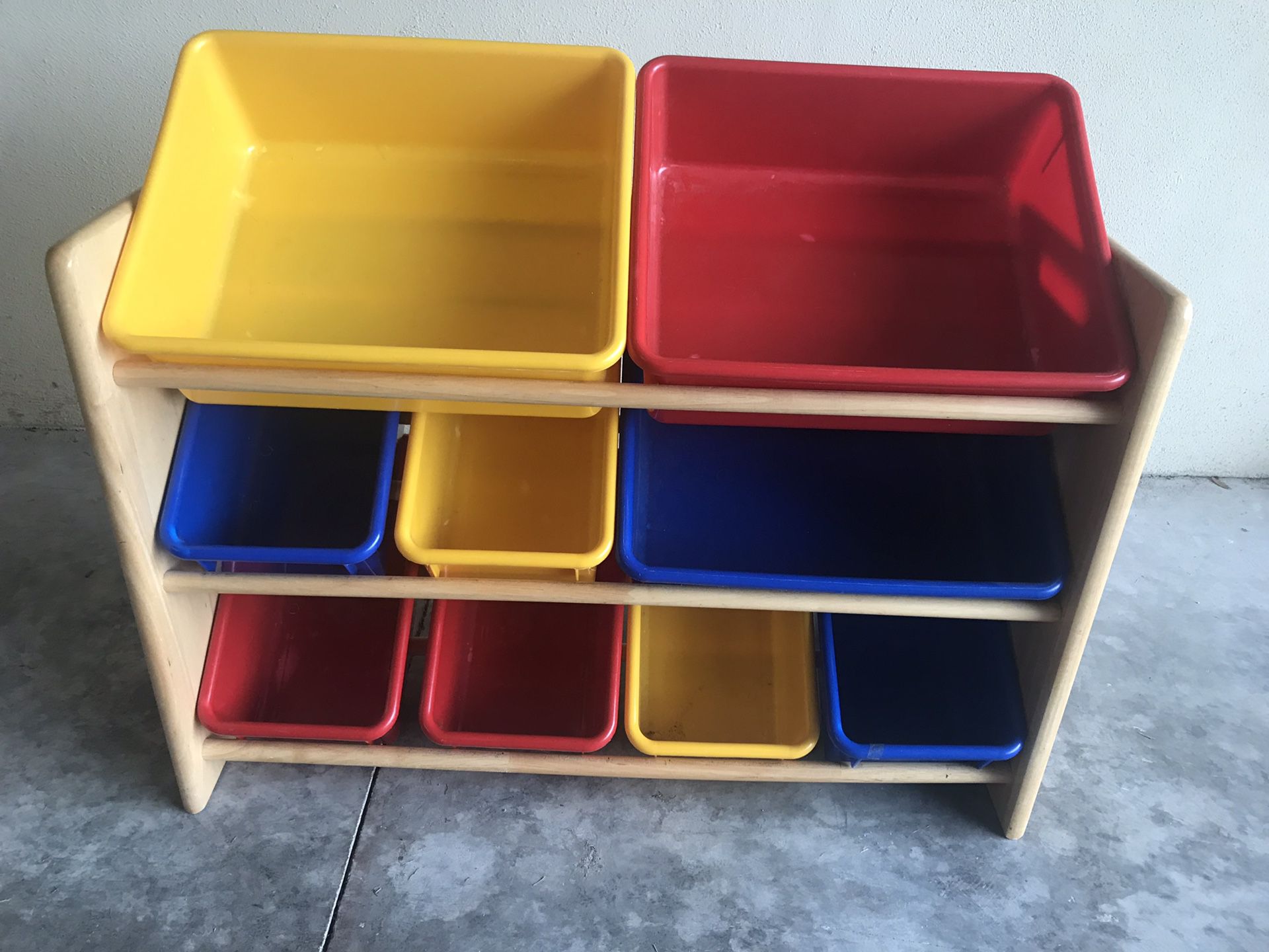 Wood Toy Box Storage Organizer Shelf with Plastic Bins