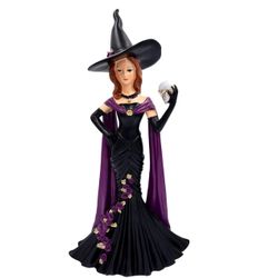 Halloween Witch Figurine Elegant Black Purple Resin Skull Gothic Statue 16" NEW