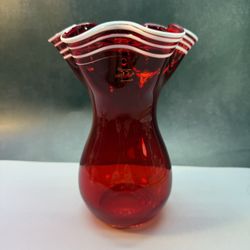 Vintage Ruffled Hand-blown Red Art Glass Vase With White Stripes. 