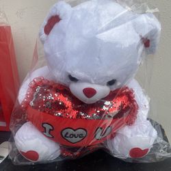 Valentines White Teddy Bear With Red Heart 🌹💕🎈