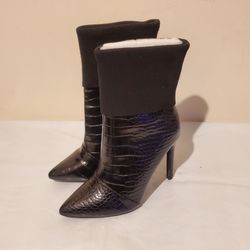 Black Croc-Embossed Stiletto Sock Ankle Boots