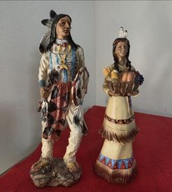 Resin NativeAmerican-Style Figurine Pair: Figure Holding Basket and Indian Chief