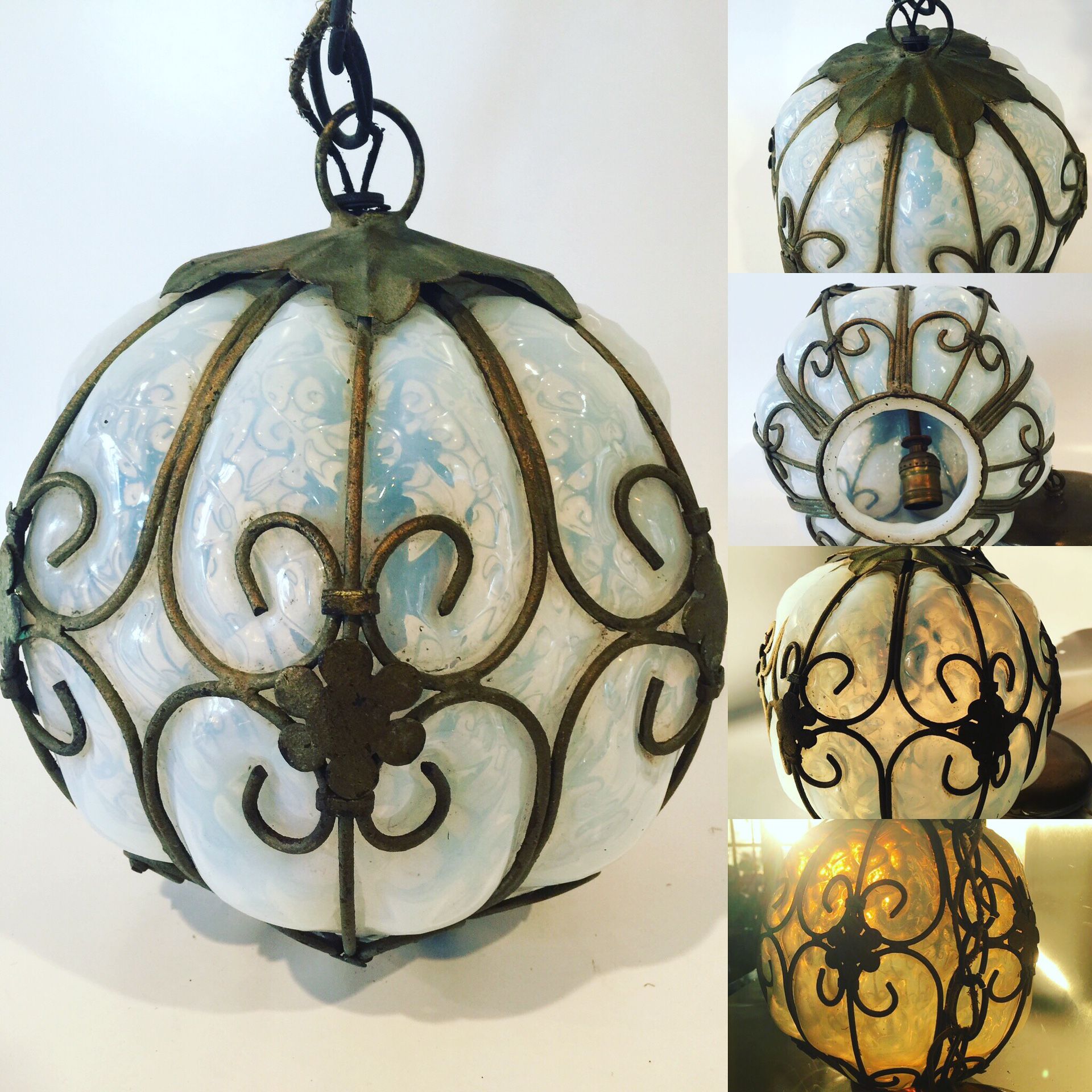 Mid-Century Murano Caged Opaline Glass Gilt Metal Pendant