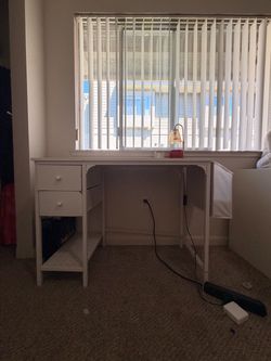 White Wood Desk with Drawers and Shelf and Chair