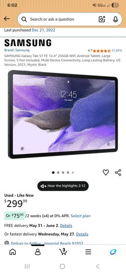 Samsung tablet S7 Fe 12.4 in screen 256gb wifi broken screen