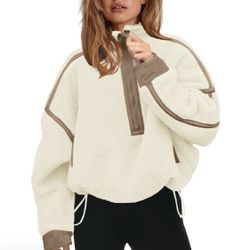JovenPara Woman’s Half Zip Sherpa Fleece Pullover Oversized, Beige, XL