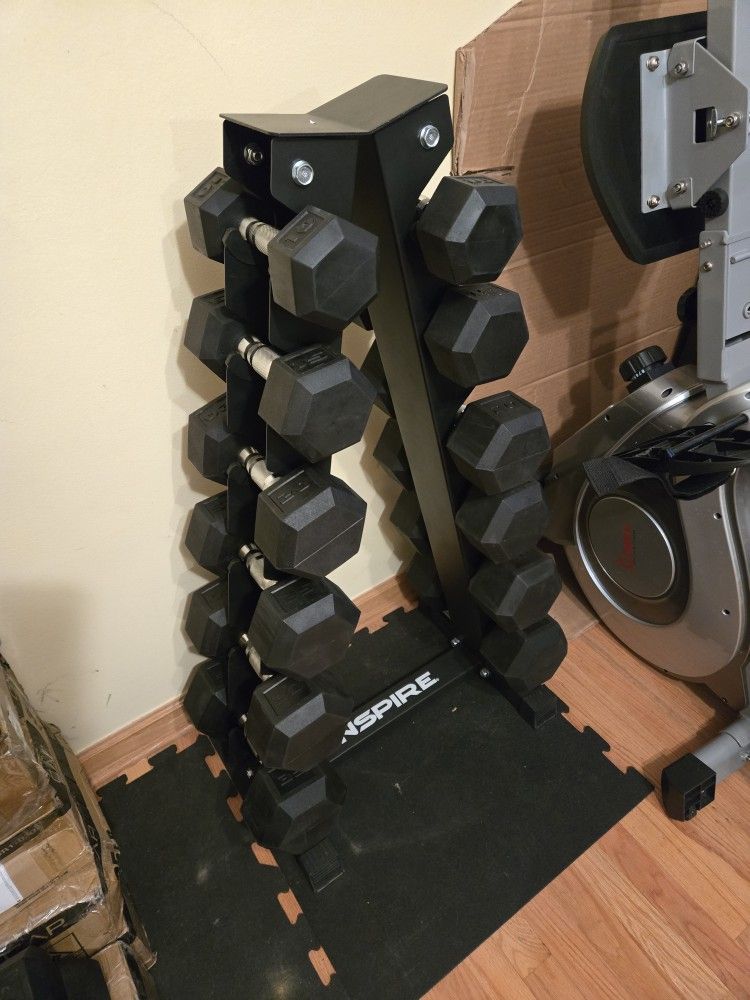 Open Box 10lb Thru 35lb Rubber Hex Dumbbell Set With Vertical Rack