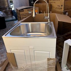 Utility Sink with Faucet and Cabinet