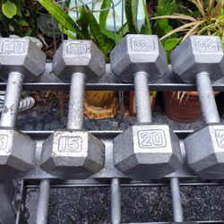 PAIR OF STEEL HEX  : 15 LB.  &  20 LB.  DUMBBELLS 