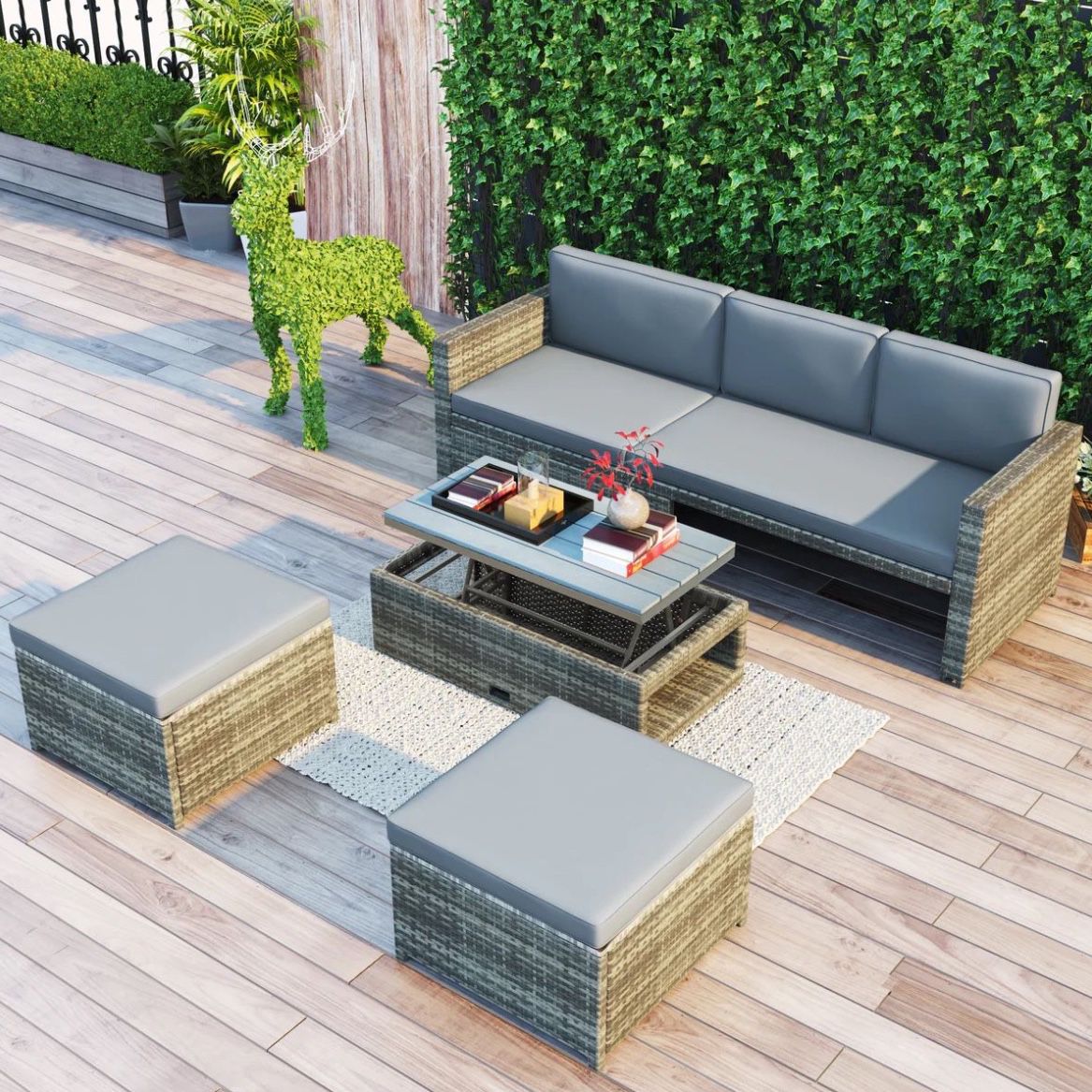 4-Piece Outdoor Patio PE Wicker Sectional Conversation Set: 83” Sofa / 2 Ottomans / Lift-Top Table  (Gray Cushions) [NEW IN BOX] **Retails for $874