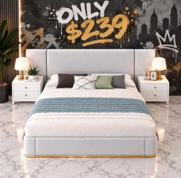 Queen Size Gray Canary Modern Upholstered Platform Bed Frame.