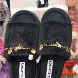 Playboy Slippers Black With Chain And Charms