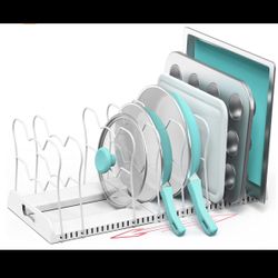 10 Compartments Expandable Pan Organizer, White, Plastic, Metal, 12"-22"L x 9.5"W x 8.5"H (white) 