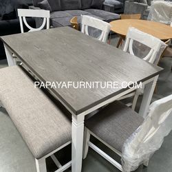 New! 6pcs White Rustic Dining Set, Dinette Set, Kitchen Table And Chairs, Table, Chairs, Bench, Casual Dining Set, Rectangular Dining Table, Dining Ro