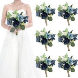 Set of 6 Bridesmaid Bouquets for Wedding - 7 Inch Artificial Flowers Bouquets for Ceremony Anniversary Centerpieces Decorations - Navy Blue and White