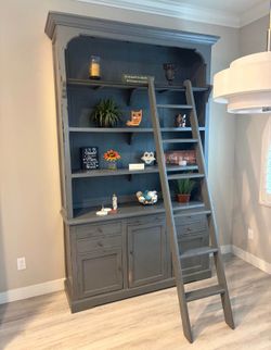Distressed Grey Bookcase with Ladder