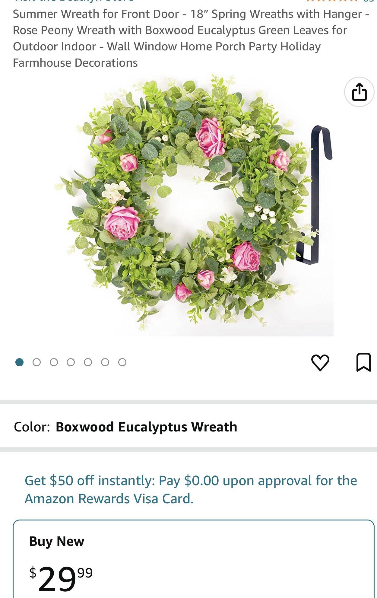 Summer Wreath for Front Door - 18” Spring Wreaths with Hanger - Rose Peony Wreath with Boxwood Eucalyptus Green Leaves for Outdoor Indoor - Wall Windo