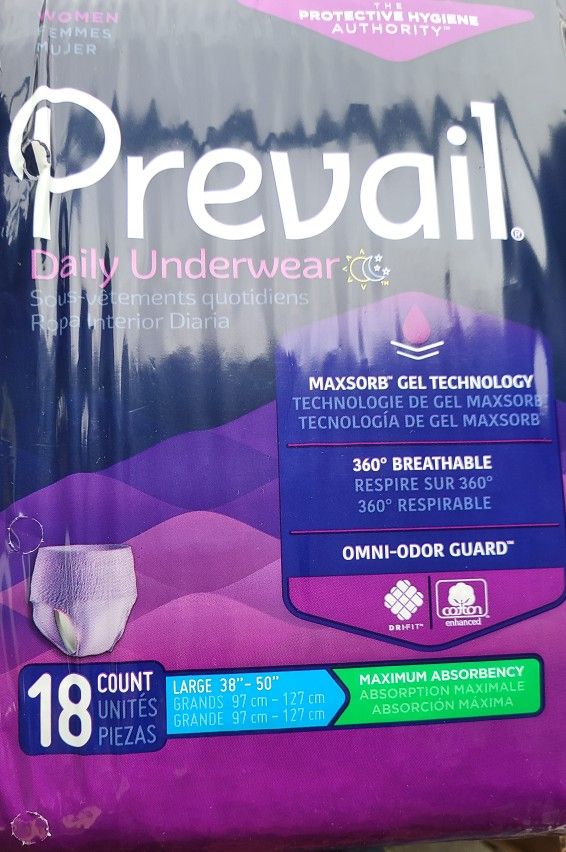 Womens Prevail underwear, pull-ups, Large 38-50 waist, 18ct, maximum absorbent. East, west, north.
