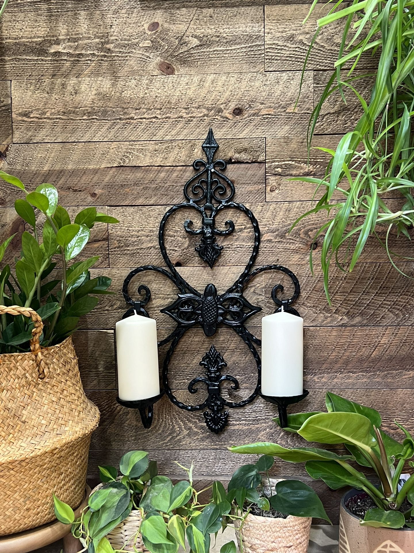 Vintage Black Wrought Iron Candle Plant Holder Wall Hanger Heavy Scroll Floral Rustic Artisanal