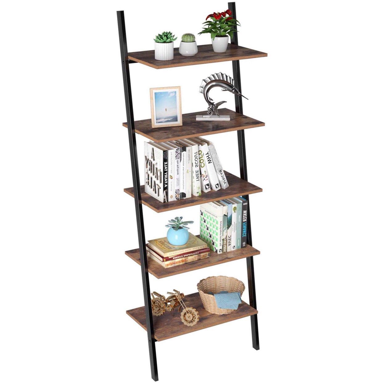 Homfa 5-Tier Industrial Ladder Shelf, Leaning Wall Bookcase Plant Flower Stand, Multipurpose Storage Organizer Display Rack, Wood Look Accent Metal Fr