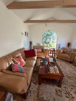 REAL LEATHER COUCH & ARM CHAIR SET WITH COFFEE TABLE