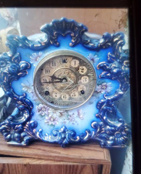 Antique Gilbert  Cobalt Blue Porcelain Mantel Clock/