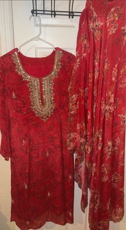 Red Embroidered Salwar Kameez Set with Dupatta and pants