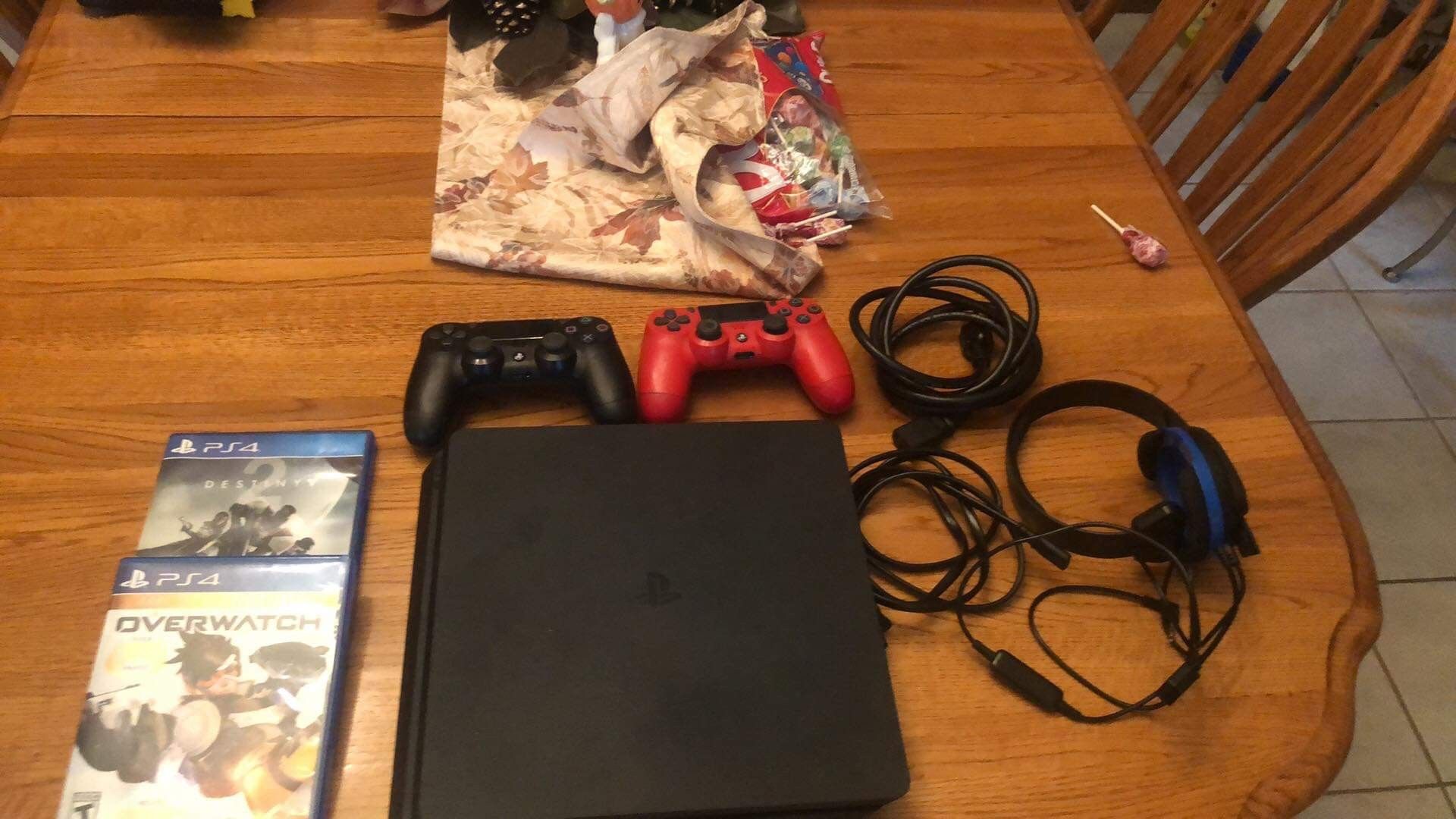 Playstation 4 Slim 1TB w/ 2 controllers, one headset and 2 games (Overwatch, and Destiny 2,)