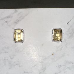 Emerald Cut Faceted Citrine Stud Earrings 