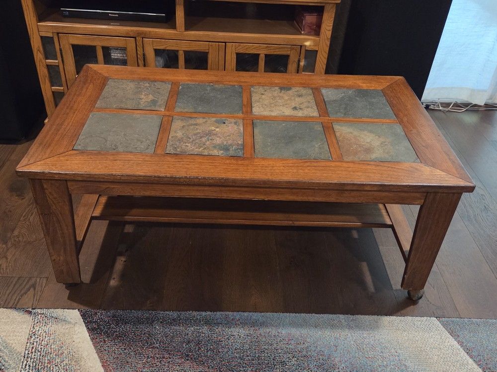 Wood Coffee Table With Slate Tiles