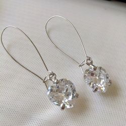 Heart Earrings Crystal Clear 2.5" Long Silver 