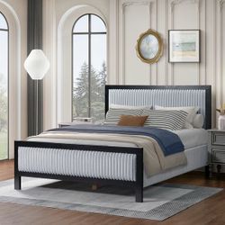 Upholstered Platform Bed Frame with Light Grey Fluffy Headboard and Footboard, Wooden Slats Support