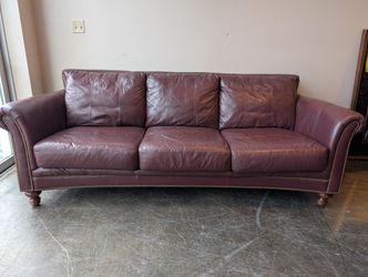 Burgundy Leather Three-Seat Sofa with Rolled Arms