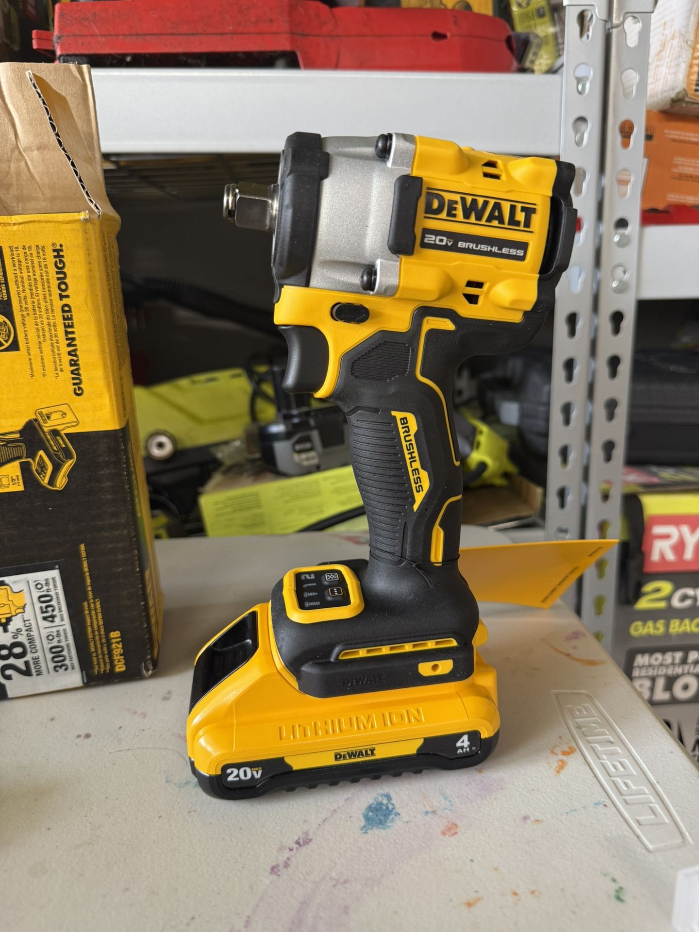 Dewalt 20V Cordless 1/2 in. Impact Wrench and 20V MAX Premium Lithium-Ion 4.0Ah Battery and Husky 1/2 in. Drive SAE 6-Point Impact Socket Set with Sto