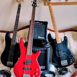 3 Bass Guitars,(Fender,Ibanez,GTX)2Amps&Cords