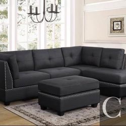 New Black Sectional Sofa Couch Ottoman 
