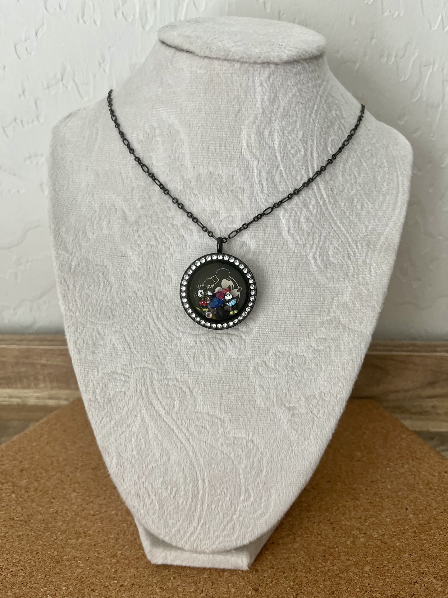 Disney Mickey & Minnie Large Black Swarovski Locket w/ Chain & Charms