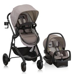 Evenflo Pivot Modular Travel System with LiteMax Infant Car Seat Desert Tan   Open box item is new!  The Evenflo Pivot Modular Travel System with Lite