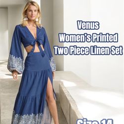 Venus Women’s Printed Two Piece lLinen Blend (Skirt & Top) Set, Size 14  (Blue)  