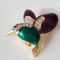 Stunning HUMMINGBIRD Pin Brooch with Green Purple Enamel and White Rhinestones *Please Read Entire Description*