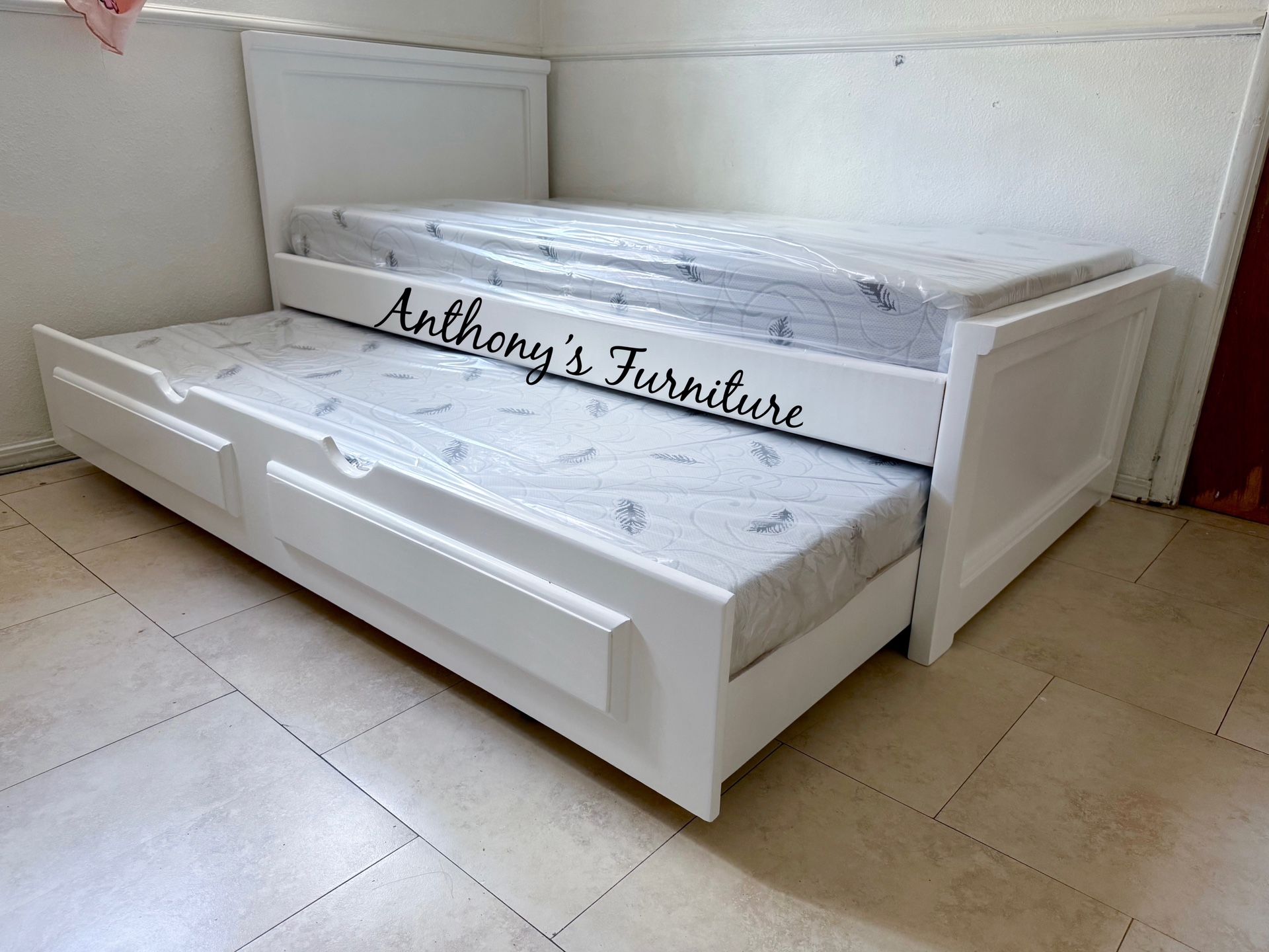 White Twin Bed With Trundle And Mattresses