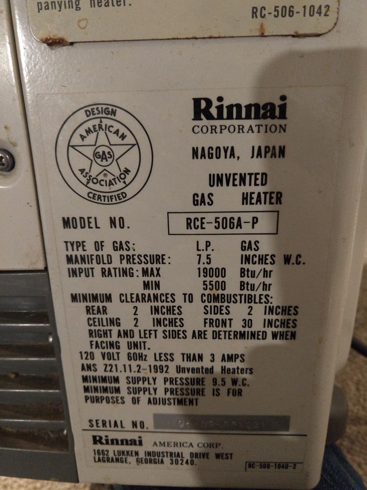 Rinnai Silent Servant 506 Propane Gas Heater for Sale in Colchester, VT