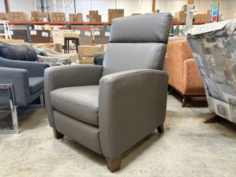 Modern Grey Leather Push Back Recliner with Track Arms and Dark Wooden Legs